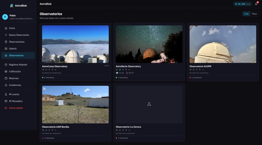 Observatorios de la red, cada uno con sus robotels y sus condiciones
